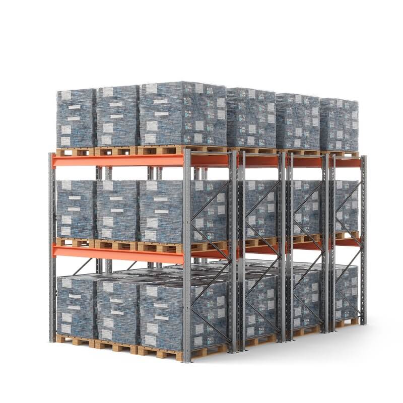 Стеллаж двойной глубины 3000х2700х1100 мм. Ярусы: пол+2 (г/п 1800 кг на ярус)